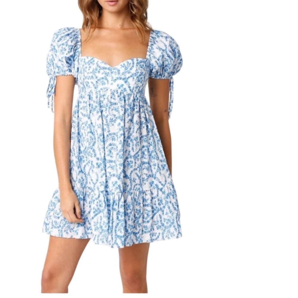 NWT Olivaceous‎ Blue White Floral Babydoll Mini Dress Milkmaid Large Coquette